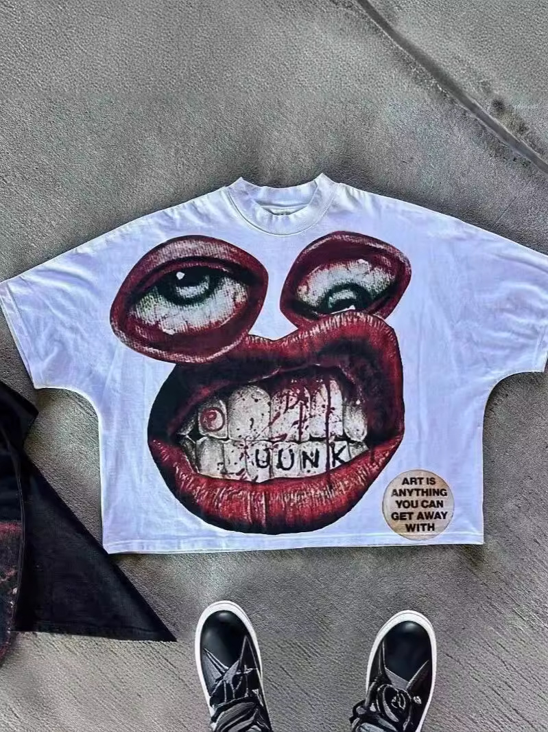 Men's T-shirt Y2K Cotton Men's Harajuku Street Hip-hop Big Eyes Mouth Pattern Printed Oversized Classic Short-Sleeved Top