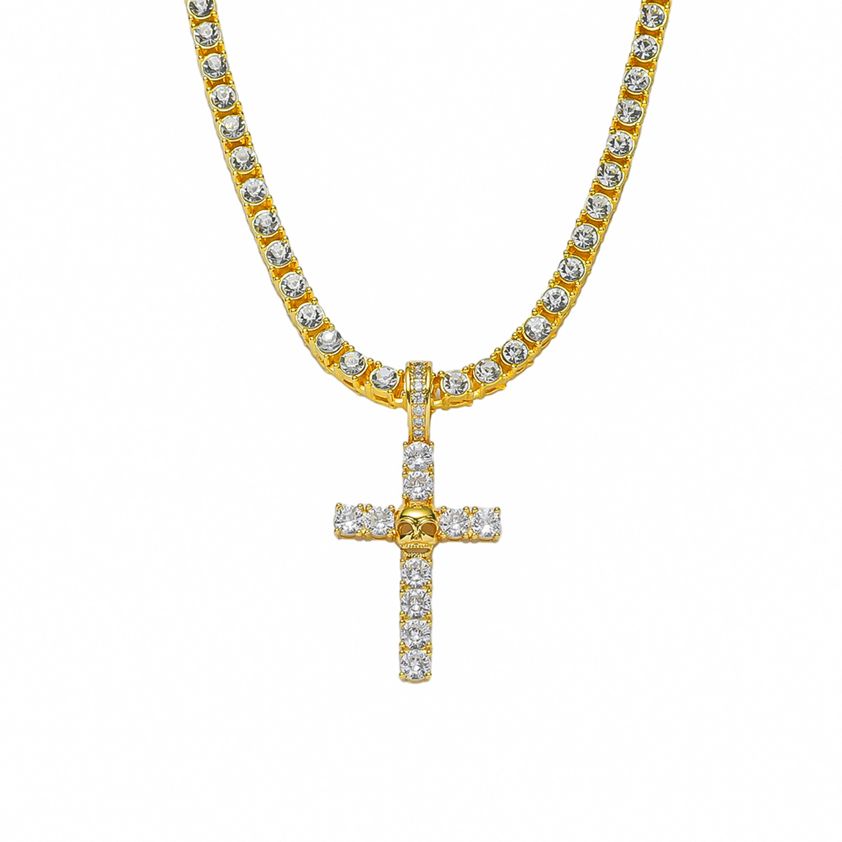 European and American hip hop style full diamond zircon skull cross pendant necklace HIPHOP personality nightclub hipster necklace