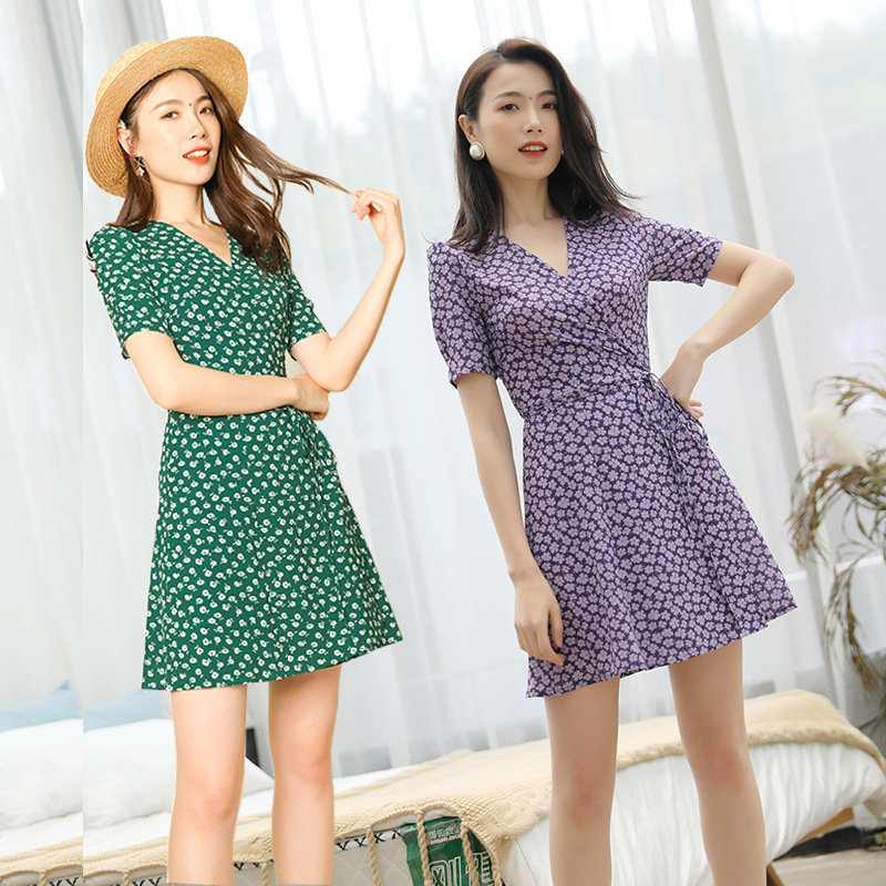 Summer French Pastoral Style Floral Tea Break Dress, Strapless Tie-Up A-Line Dress, Petite Floral Dress with Short Sleeves
