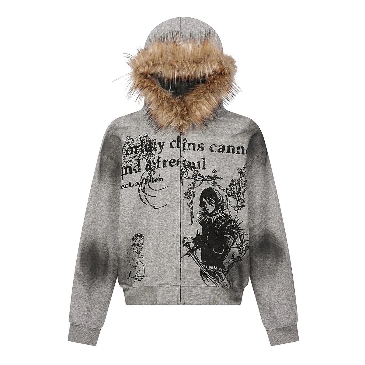 Jiayi Library Men's 2025 New American Street Wool Collar Hoodie Waste Soil Wind Dirty Dyed Washed Cardigan Zipper Sweater