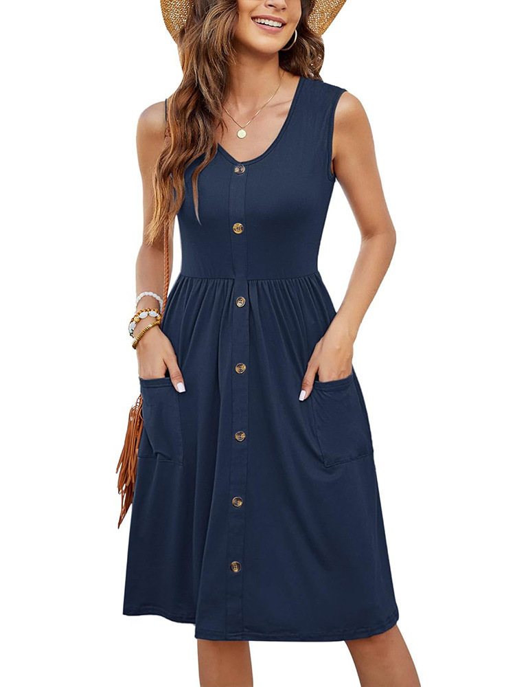 Amazon Cross-Border European and American Summer Slim Dress Casual Fashion Pleated Sleeveless Buttoned Mid-Length with Pockets