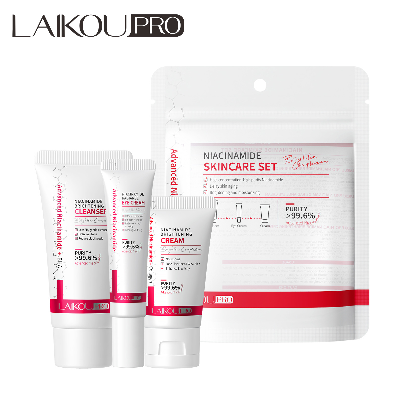 Cross-Border Laikou Pro Niacinamide 3-Piece Skin Care Product Set Hydrating and Moisturizing Manufacturer Spot Wholesale
