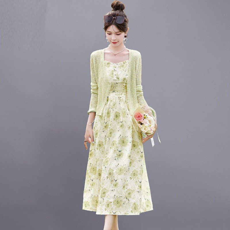 Floral Suspender Dress and Knitted Cardigan Two-Piece Set for Women, 2026 New Summer Outfit, Beautiful Set Dress