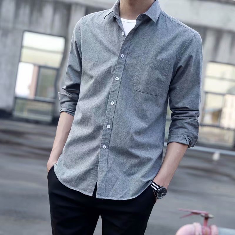 2022 Spring and Autumn New Oxford Spinning Shirt Men's Long Sleeve Trendy Casual Grey Shirt Slim Fit Coat Shirt Top