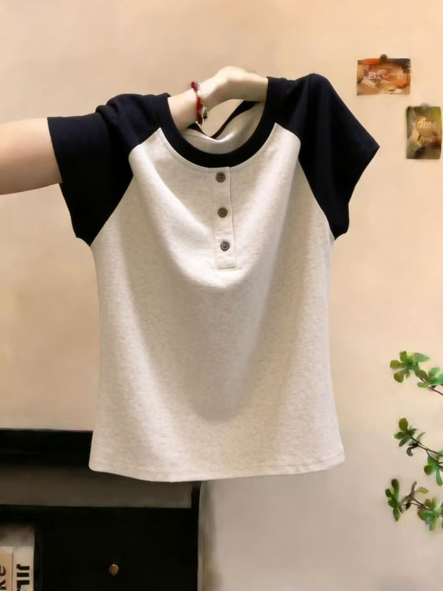 Pure Cotton Fashionable Versatile Color-Blocked Raglan Sleeve Short-Sleeve T-Shirt for Women 2026 Slim-Fit Chic Top