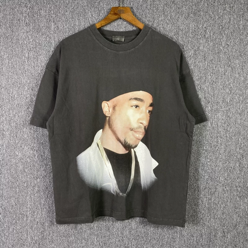 Ask American Casual Retro High Street Hip-Hop 2Pac Character Print Short-Sleeved T-Shirt for Men European and American Street Style ins Trendy Brand