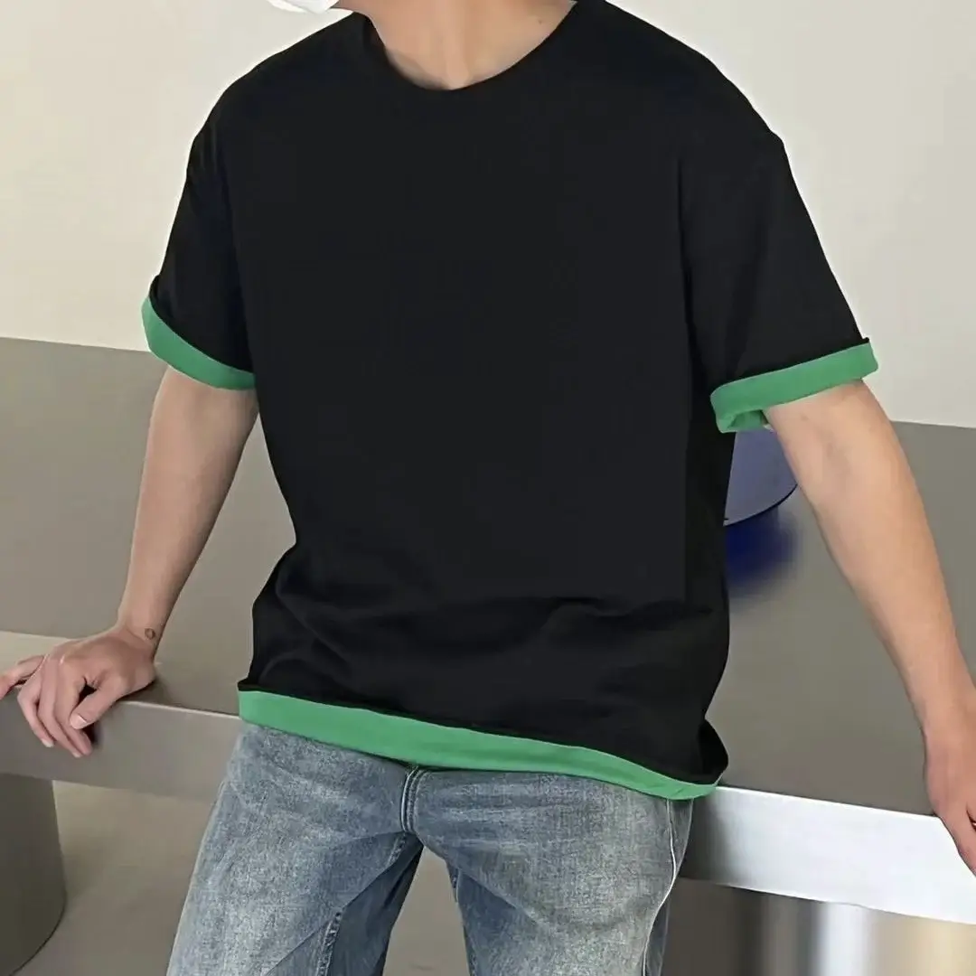 [Same Style as Dilraba] Double-Layer Fabric with Contrasting Color Design, Pure Cotton Loose Short-Sleeve T-Shirt, Unisex for Summer