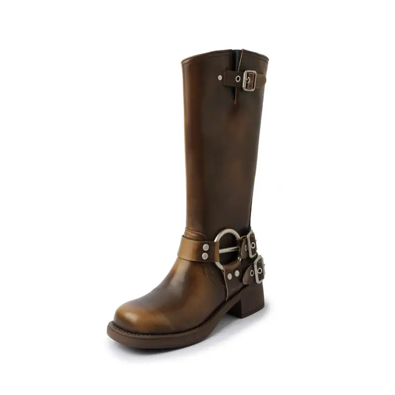 Top matching version ~ niu family belt buckle thick heel knight boots women 2024 new full leather sleeve western cowboy boots