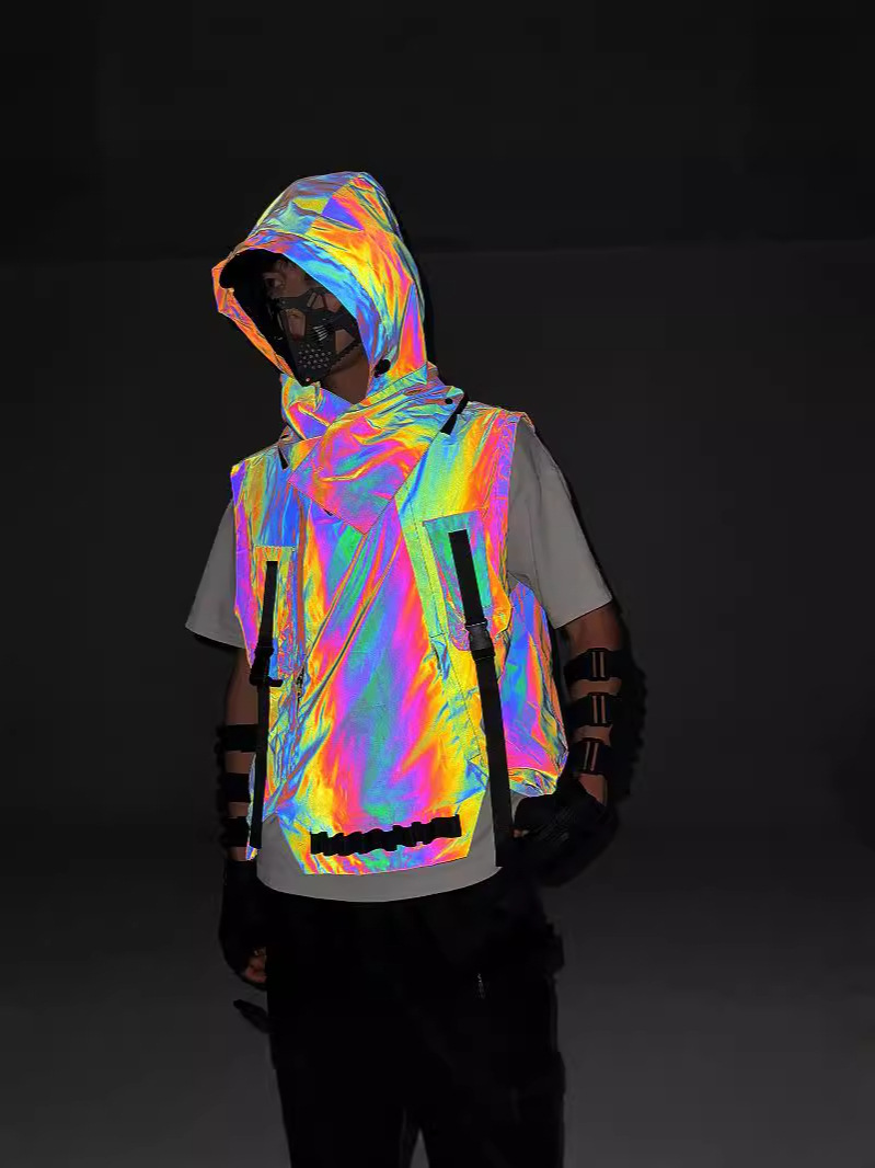 Functional Style Colorful Reflective Vest Men's Autumn and Winter Tactical Hip-Hop Hooded Jacket European and American Cross-Border Outdoor Work Vest
