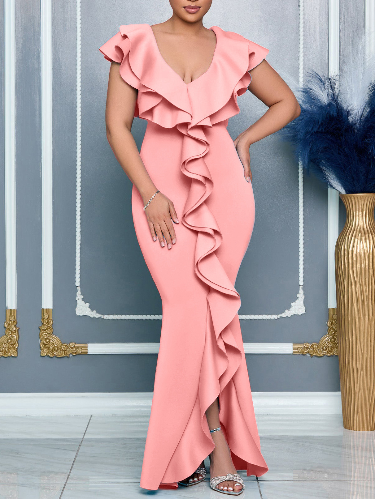C8634 European and American Cross-Border Fashion Women's Clothing Amazon Summer Dress Pure Color V Neck Ruffled Slit Fishtail Skirt Long Skirt