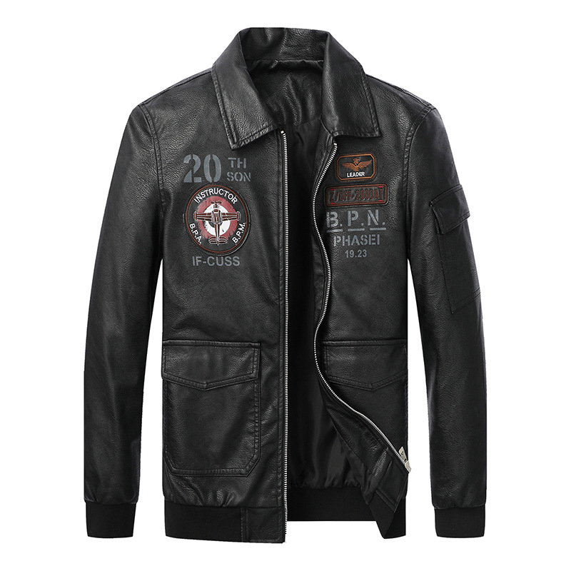 New Amazon Spring and Autumn Thin Men's Casual Baseball Collar Embroidered pu Leather Jacket Washed Motorcycle Leather Trendy