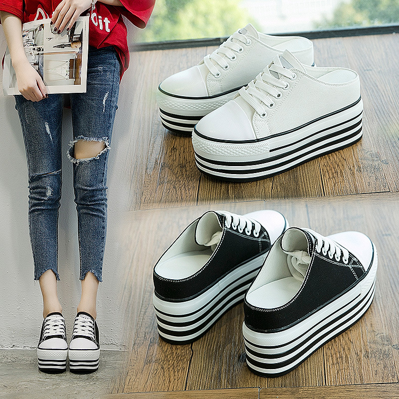 Spring and Summer New Casual Shoes Women's Canvas Heightened Women's Slippers Round Toe Lace-up Platform Women's Shoes
