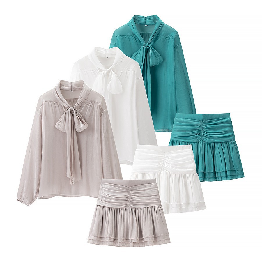 Fashion Women's Two-Piece Suit Summer Thin Bow Tie Long-Sleeved Pullover Loose Shirt Pleated Mini Skirt