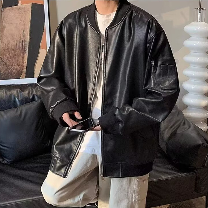 Motorcycle Leather Jacket Men's Spring and Autumn Black Loose Fashionable American Style Retro Casual Baseball Suit Trendy Brand Leather Jacket
