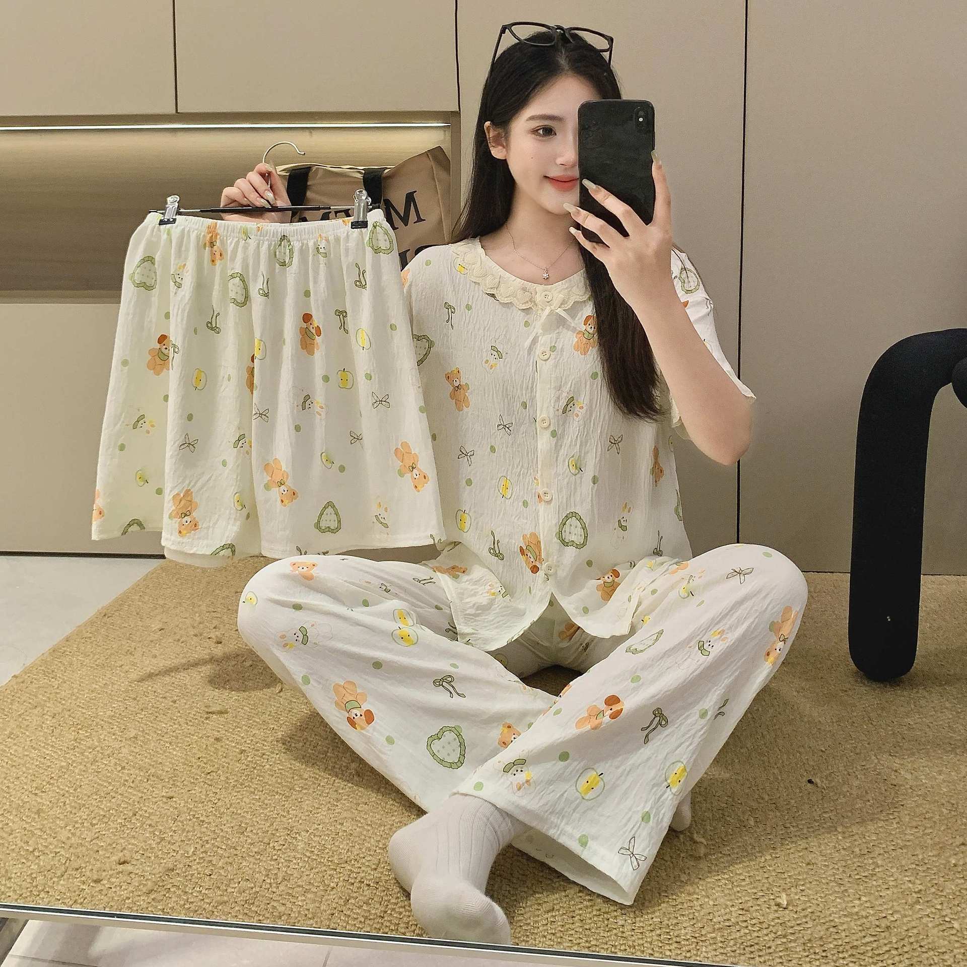 Tencel Cotton Pajamas for Women, Summer Thin Three-Piece Set, High-End Round-Neck Cardigan, Cartoon Bear Home Wear, Can Be Worn Outside