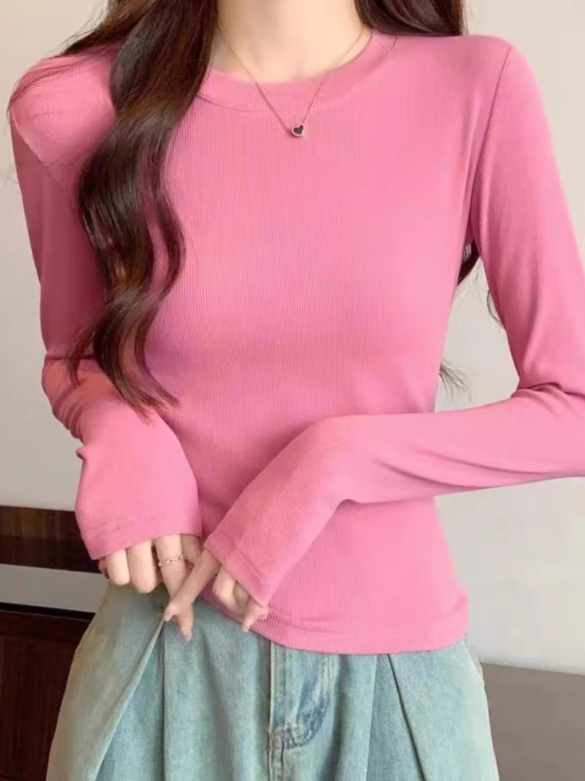 Casual Pure Color Round Neck Bottoming Shirt for Women in Spring & Fall, Threaded Long-Sleeved T-Shirt Ins Trendy Women's Tops