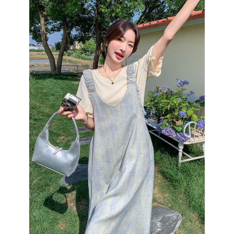 Denim Dress Set for Women 2026 Summer New Korean Style Loose Fit Age-Reducing Tummy-Concealing Slimming Suspender Dress Two-Piece Set