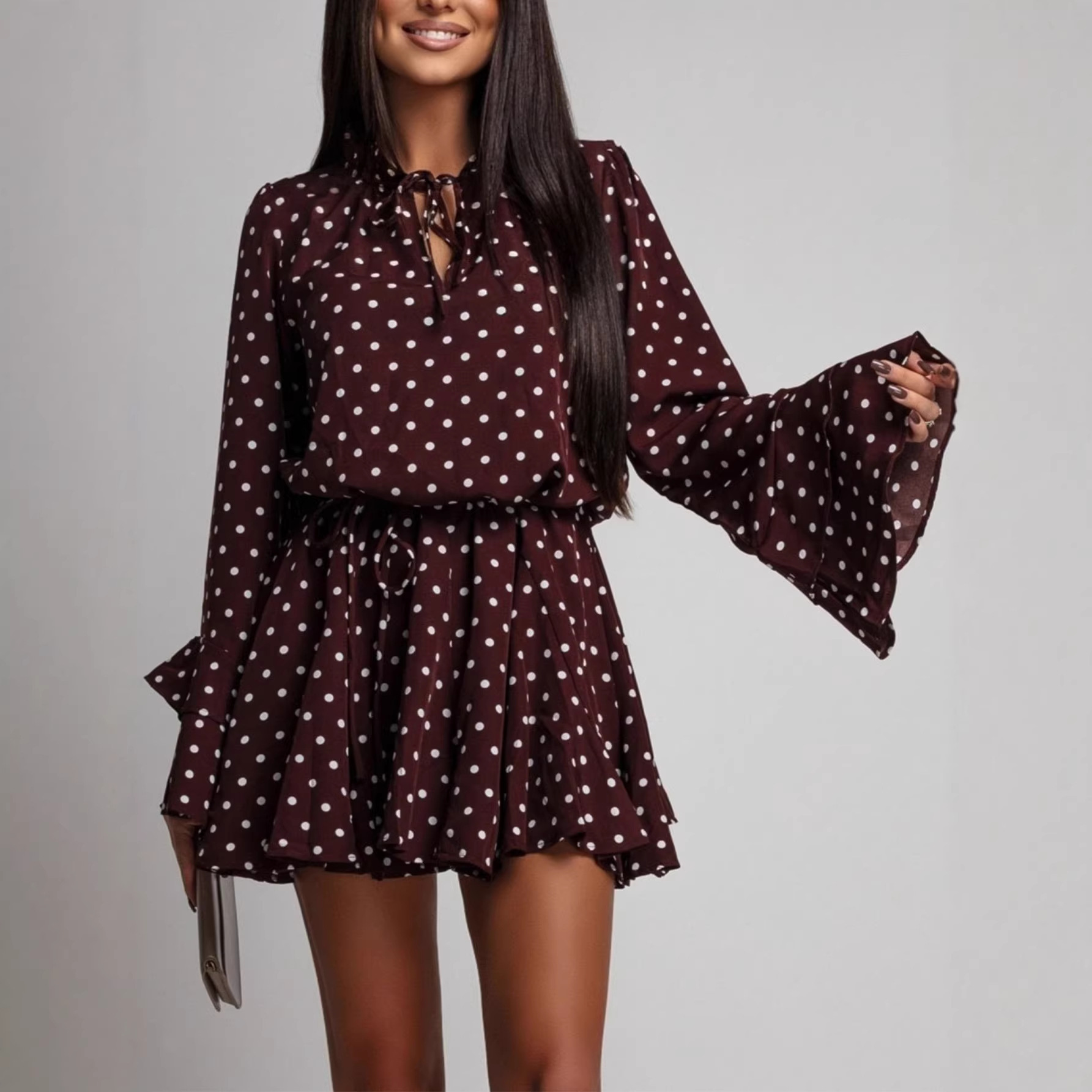 2026 Independent Site European and American Cross-Border Foreign Trade Amazon New Fashion Sweet Polka Dot V-Neck Long-Sleeve Women's Dress