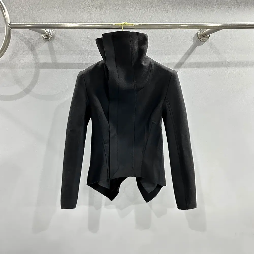 SUBHUMAN women's chic dark high street style thin woolen zipper irregular turtleneck slim jacket short coat