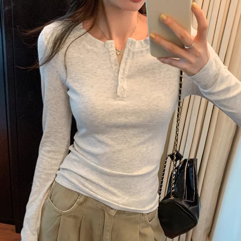 White Floral Gray Button-Down Base Shirt for Women, Spring and Autumn, Henley Collar, Slim Fit, Sweet and Spicy Style, Simple Long-Sleeve Undershirt