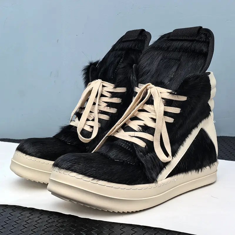 Men's Genuine Leather Horse Hair Inverted Triangle Heightened Thick Sole High-top Shoes Athleisure Fashionable All-match Sneakers Women's Ankle Boots
