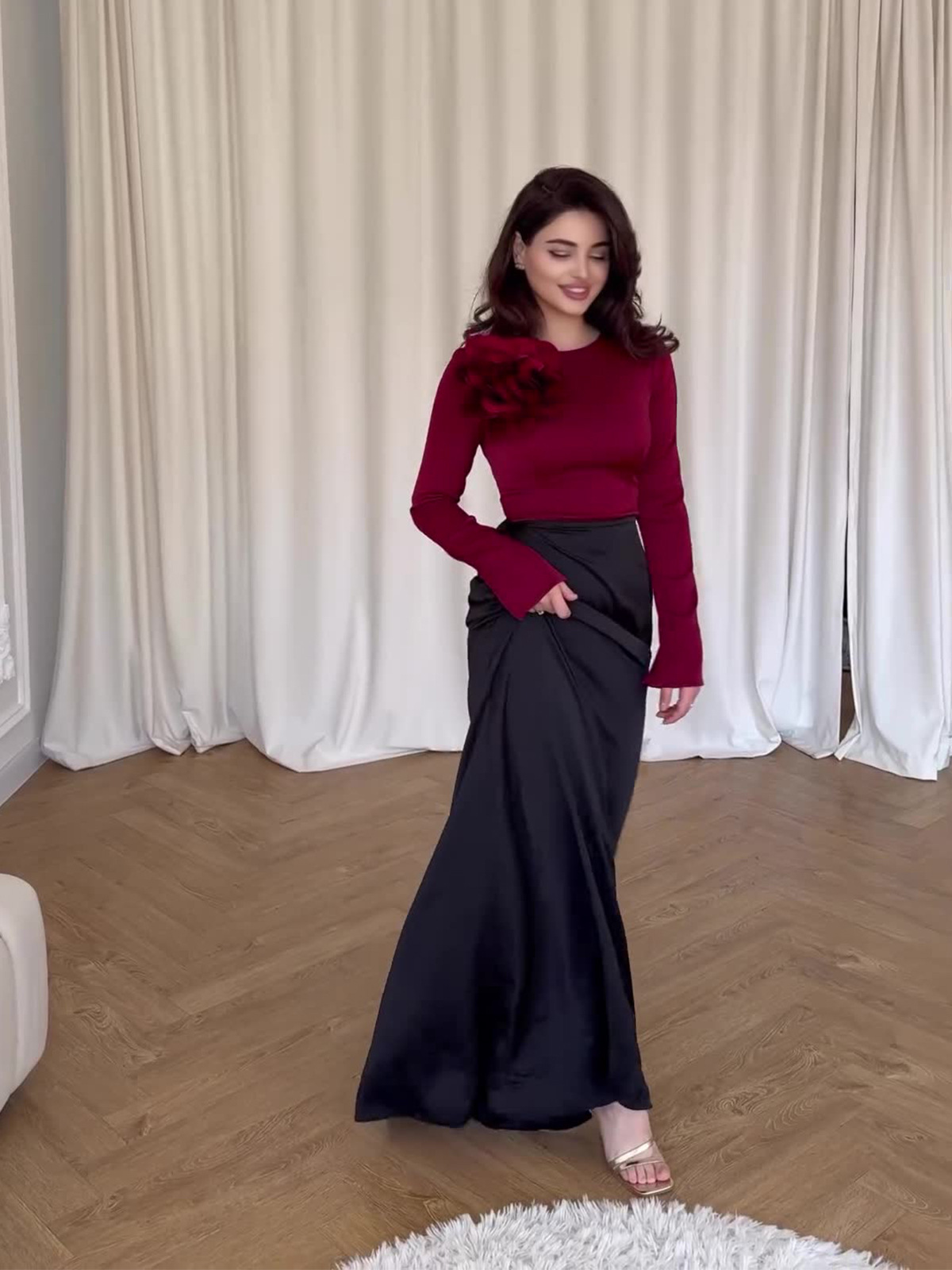 Amazon Europe and America 2026 Summer New Cross-Border Satin Slim-Fit Dress with Contrasting Color Floral Accessories Long Dress