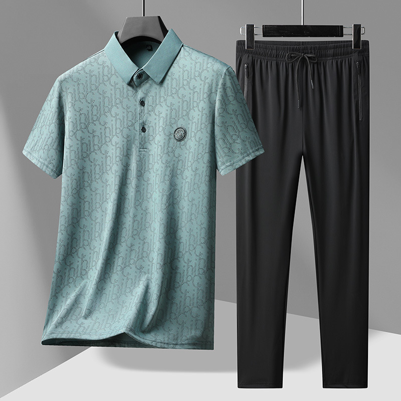 Summer Ice Silk Cool Short-sleeved Trousers Men's Casual suit Middle-aged Dad Loose Polo Shirt Men's Two-piece Set