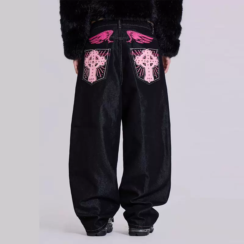 JADED LONDON European and American tide vintage style wings cross men and women straight wide-leg pants jeans