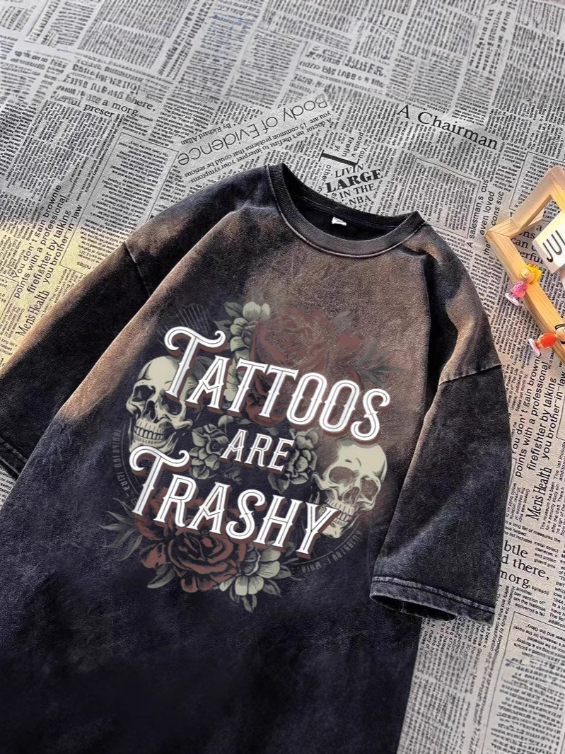 American High Street Trendy Short-Sleeved T-Shirt Men's Summer Retro Trendy Casual Washed Distressed Half-Sleeved Niche Handsome Cross-Border T-Shirt