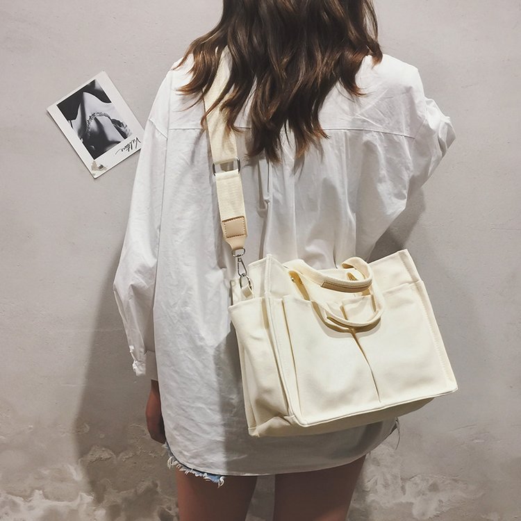 Korean Dongdaemun Canvas Bag Ins Women's Bag Multi-Pocket Large Capacity Tote Bag Versatile Shoulder Crossbody Bag Handbag