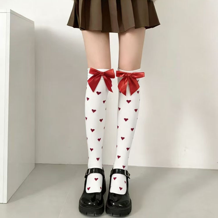 Red Heart-Shaped Bow Over-The-Knee Socks, Pure Desire Style, White Silk Stockings, Sexy Slimming Thigh-High Long Socks