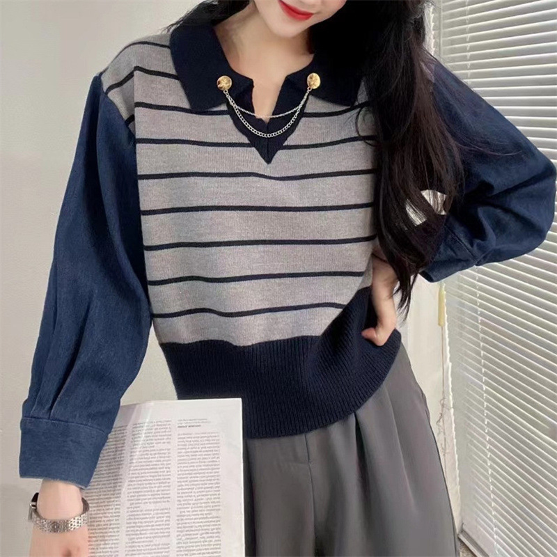 Maoning's New Autum Style Stripesd Denim Splicing Knitwear Jacket Design Fake Two-Piece Knitwear Women's Pullover Trendy