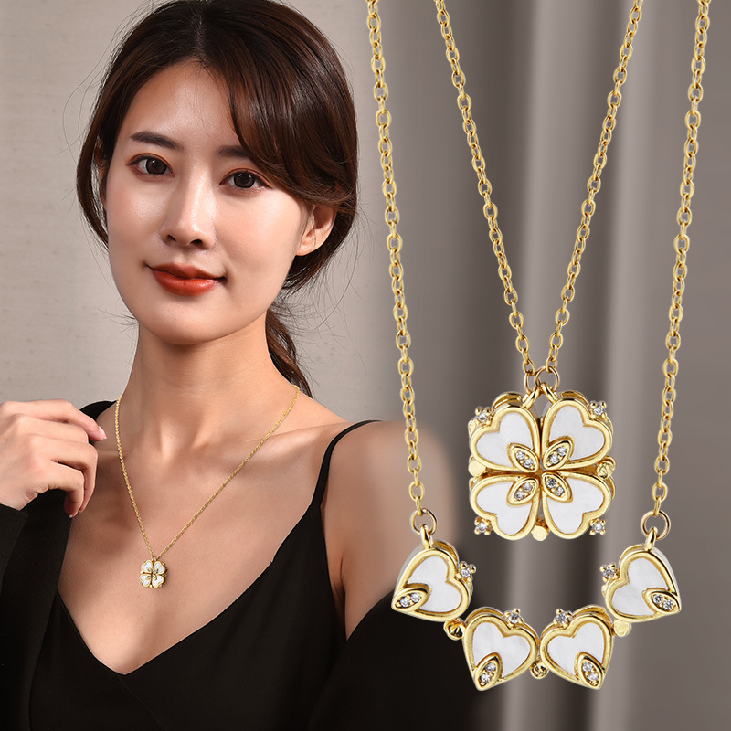 Factory Direct Sales Titanium Steel Four-Leaf Clover Four Heart-To-Heart Love Necklace Women's Versatile Multi-Wear Clavicle Chain Accessories Trendy