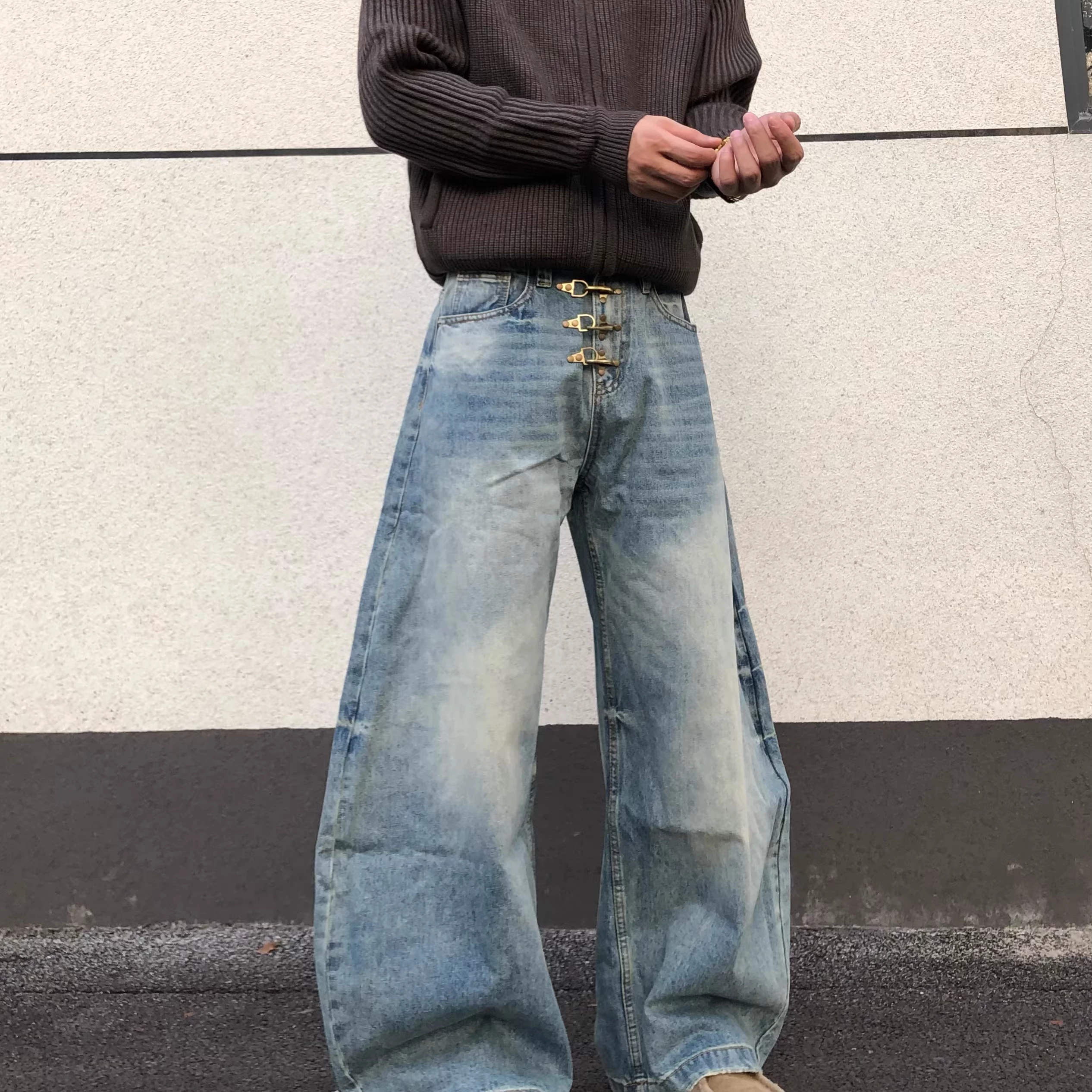 American retro washed vintage airplane buckle design, curved knife jeans, men's and women's loose wide leg floor length pants, trendy