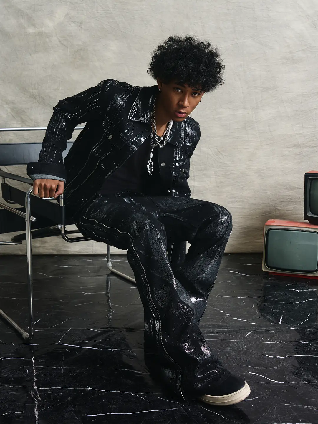VAKA TYPEHYT Brushed Silver Metal Rivet Cowboy Coat Micro Lacquer Pants Set Autumn Heavy Industry Heavy Duty