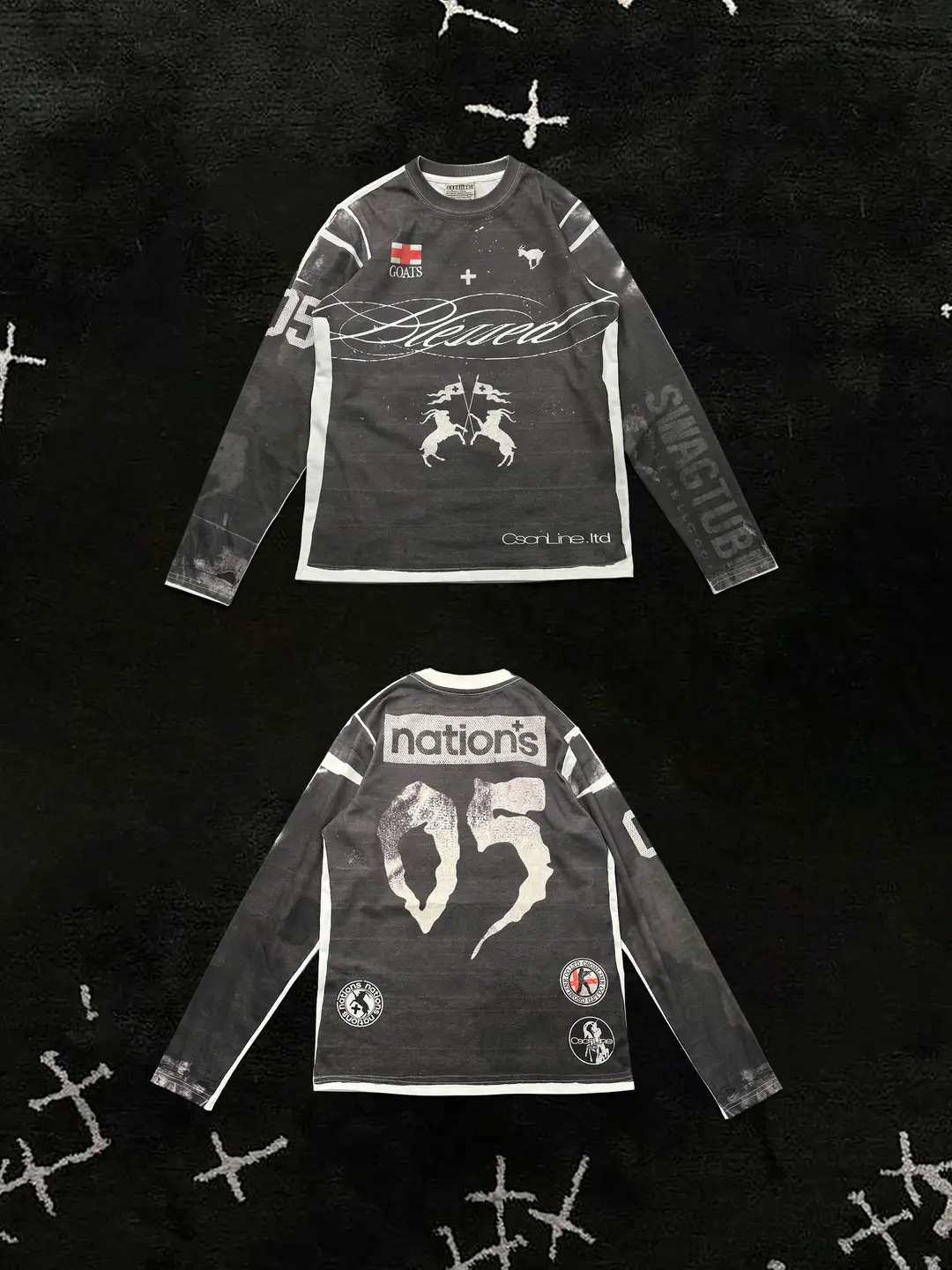 Csonlinellc Nations Cross-Patterned Military Flag Visual Distortion Fake Two-Piece Printed Long-Sleeve T-Shirt 1of1