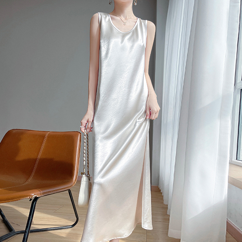 2026 Spring/Summer New Gold Satin Round Neck Strap Dress Solid Color High Waist Design Vest Long Dress for Women