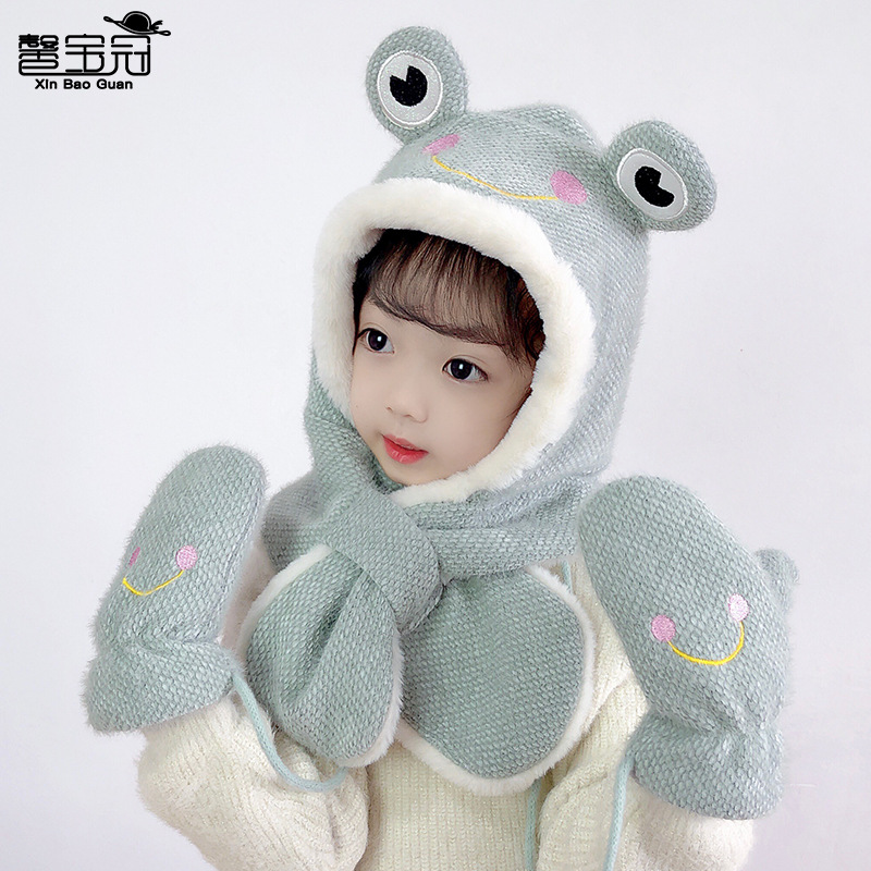 2102 Winter Hat, Scarf and Gloves Three-Piece Set for Kidsren, Boys and Girls, Cute Frog All-In-One Warm Pullover Hat