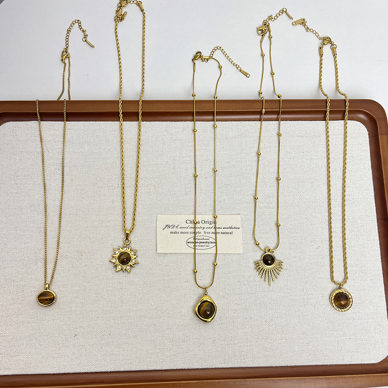 Maillard Tiger Eye Stone Titanium Steel Non-Fading Necklace Women's Accessible Luxury Niche Retro High-End Sweater Chain Accessories Pendant