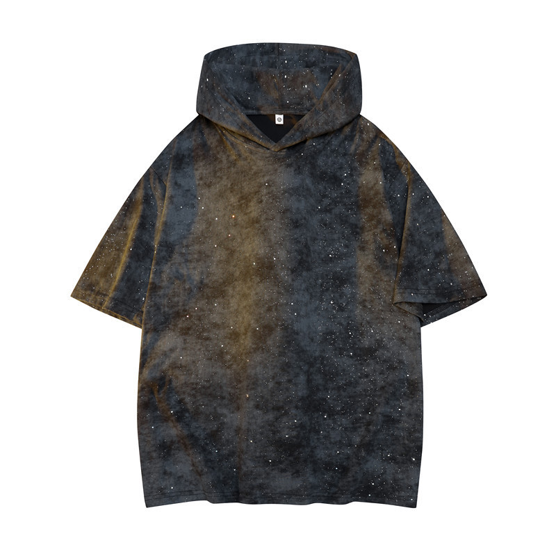 New Summer Hooded Short-Sleeve Men's Trendy Washed Vintage Starry Casual T-Shirt Versatile Stylish Base Shirt for Men