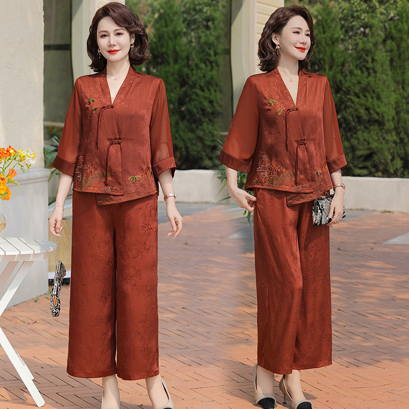 New Chinese Style Fashion Suit for Women 2025 Summer New High-End Buckle Shirt Wide-Leg Pants Two-Piece Set for Women