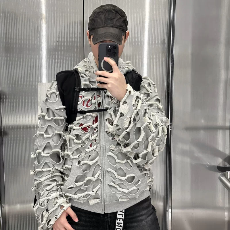 GRAILZ PROJECT Trendy Brand Heavy Thread Hollow Hole Double sided Cardigan Hoodie Sweatshirt High Street Casual Coat
