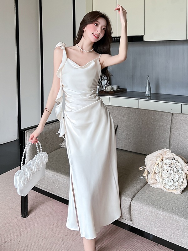 Real Shot of Satin-Like Drapey Collar Strap Dress for Women, Summer Design with Handmade Floral Embellishments