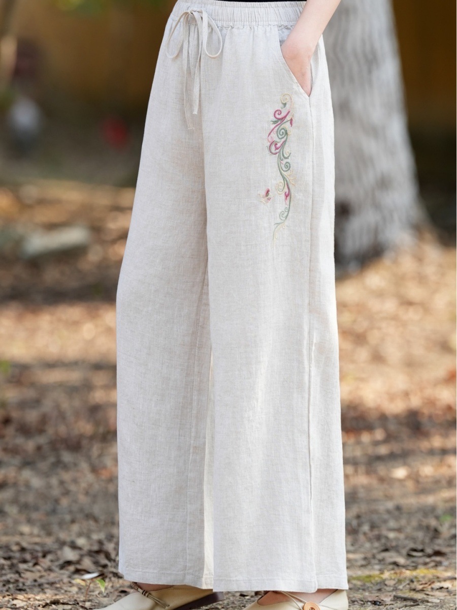 2026 Spring/Summer Solid Color Artistic Straight-Leg Pants with Double-Layered Edging, Ramie Artistic Women's Embroidered Cropped Pants