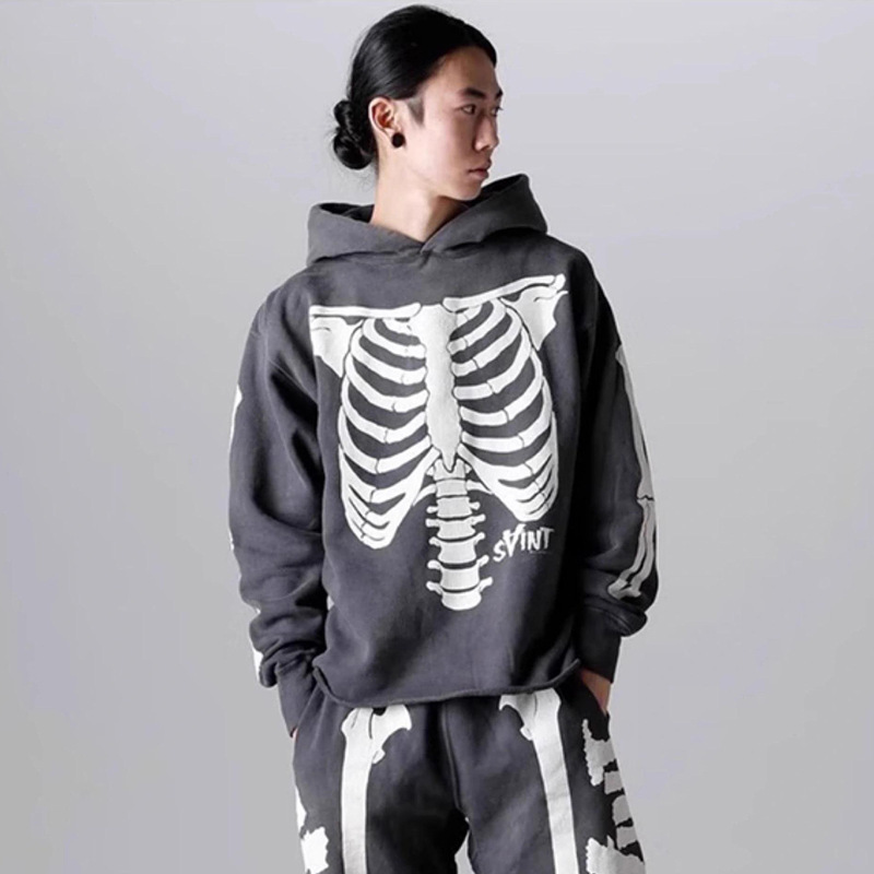 American Style Trendy Brand Men's Kanye Skull Skeleton Foam Printed fleece-lined Hoodie Hoodie