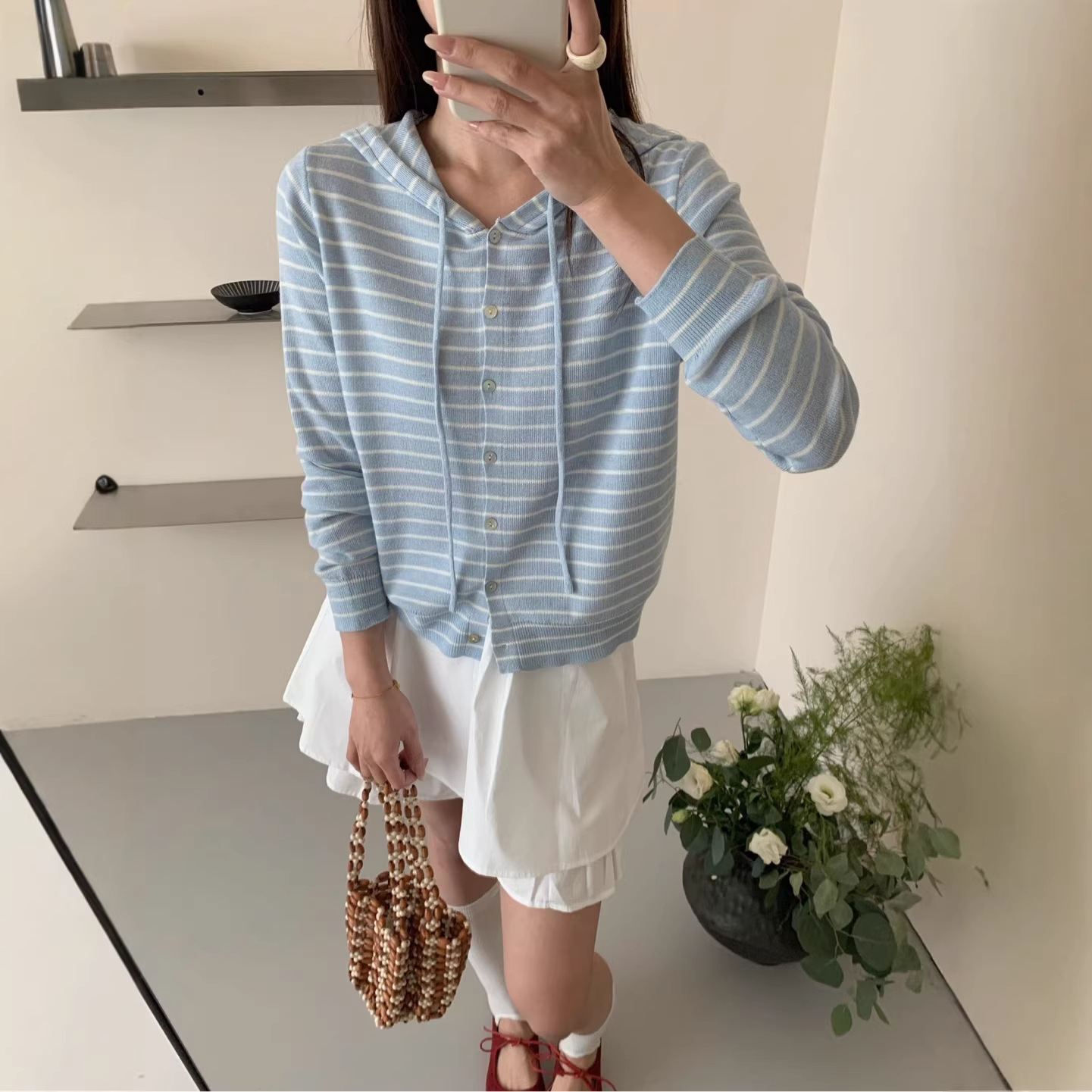 Contrast Color Striped Hooded Single-Breasted Knitted Cardigan for Women 2026 Spring Casual Loose Lazy Style Age-Reducing Top