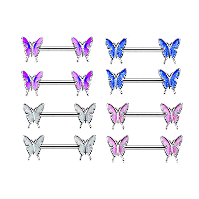 Cross-Border Popular Oil Dripping Butterfly Nipple Nail E-Commerce Stainless Steel Symmetrical Nipple Nail Straight Nipple Ring Piercing Jewelry