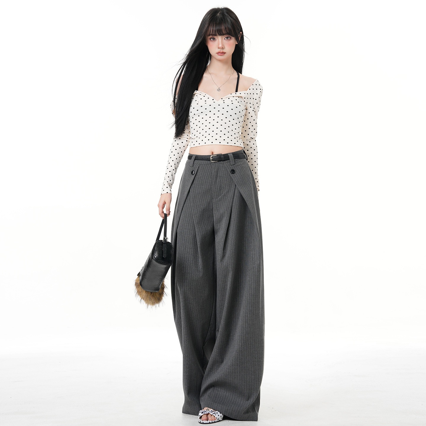 Txj Gray Old Money Style Striped Wide-Leg Suit Pants for Women, Spring Design with Pressed Creases, Loose Drape Casual Pants