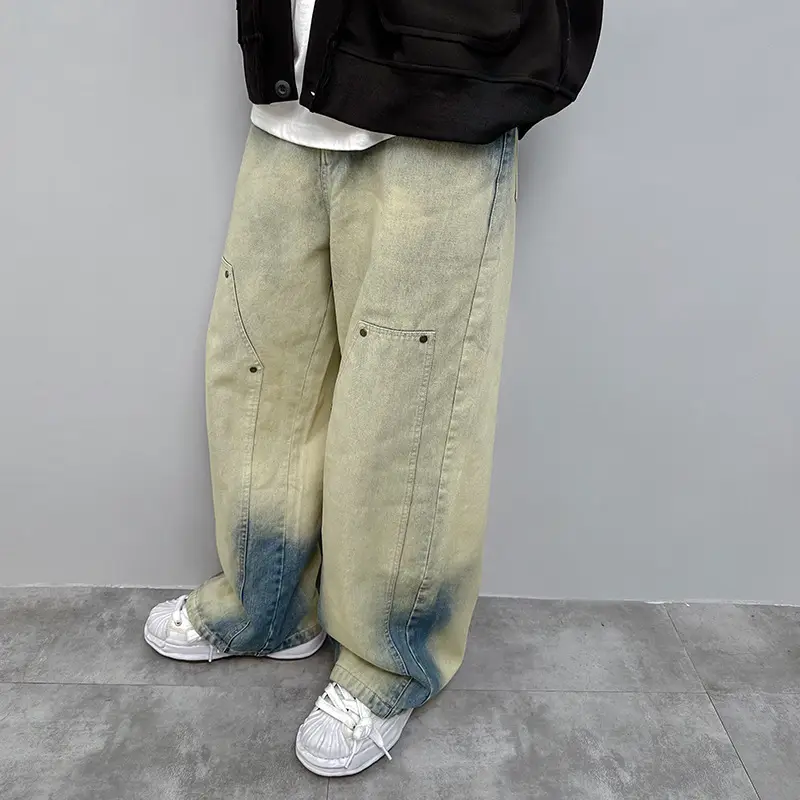 2024 niche personality contrast color tie-dyed American retro logging jeans men's loose straight mop Denim trousers