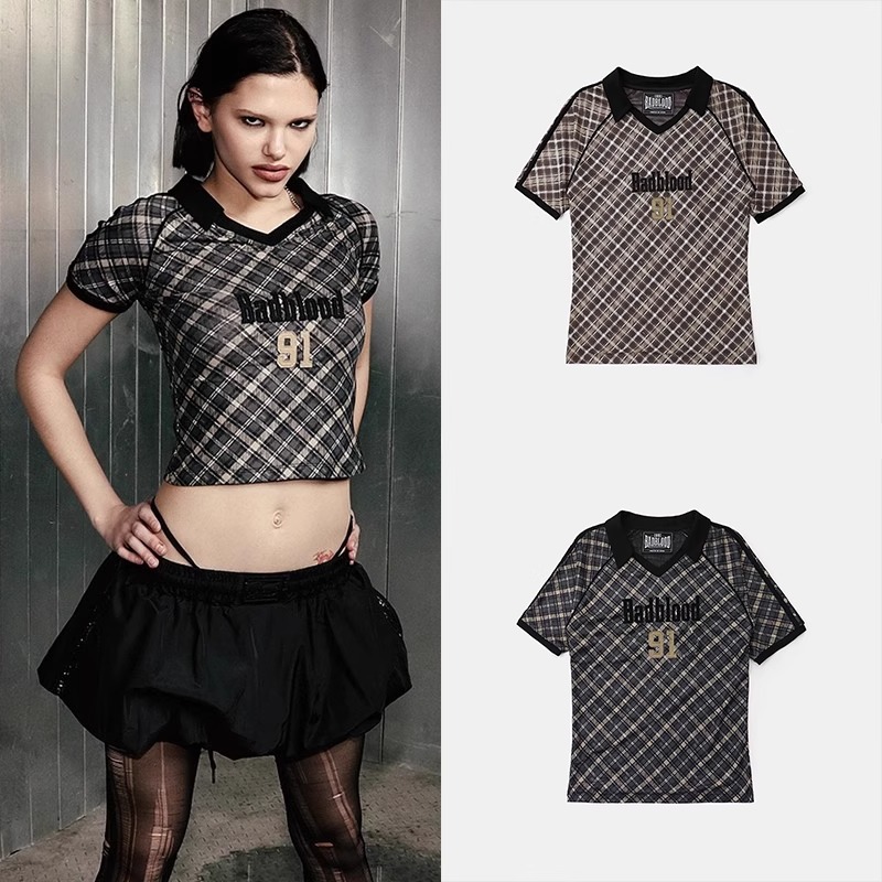 Korean Badblood Bcac Series American Sexy Retro Plaid Short-Sleeved T-Shirt Women's Niche Printed Top Trendy